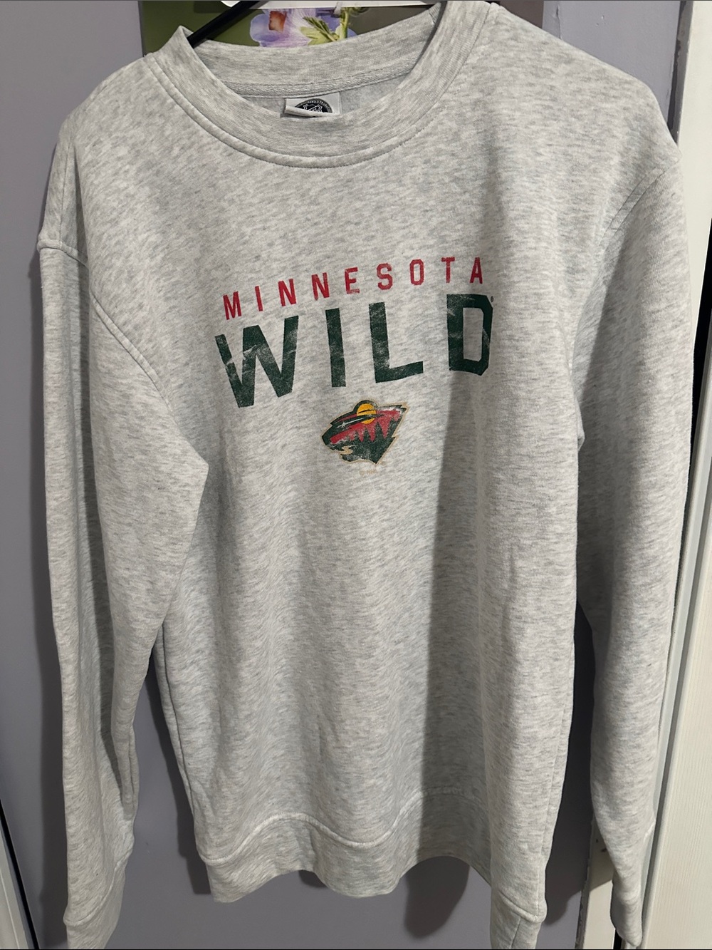 NFL Minnesota Wild Gray Crewneck Sweatshirt with Green and Red Logo